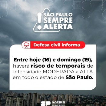 Temporais de intensidade moderada a alta podem afetar todo o estado de São Paulo